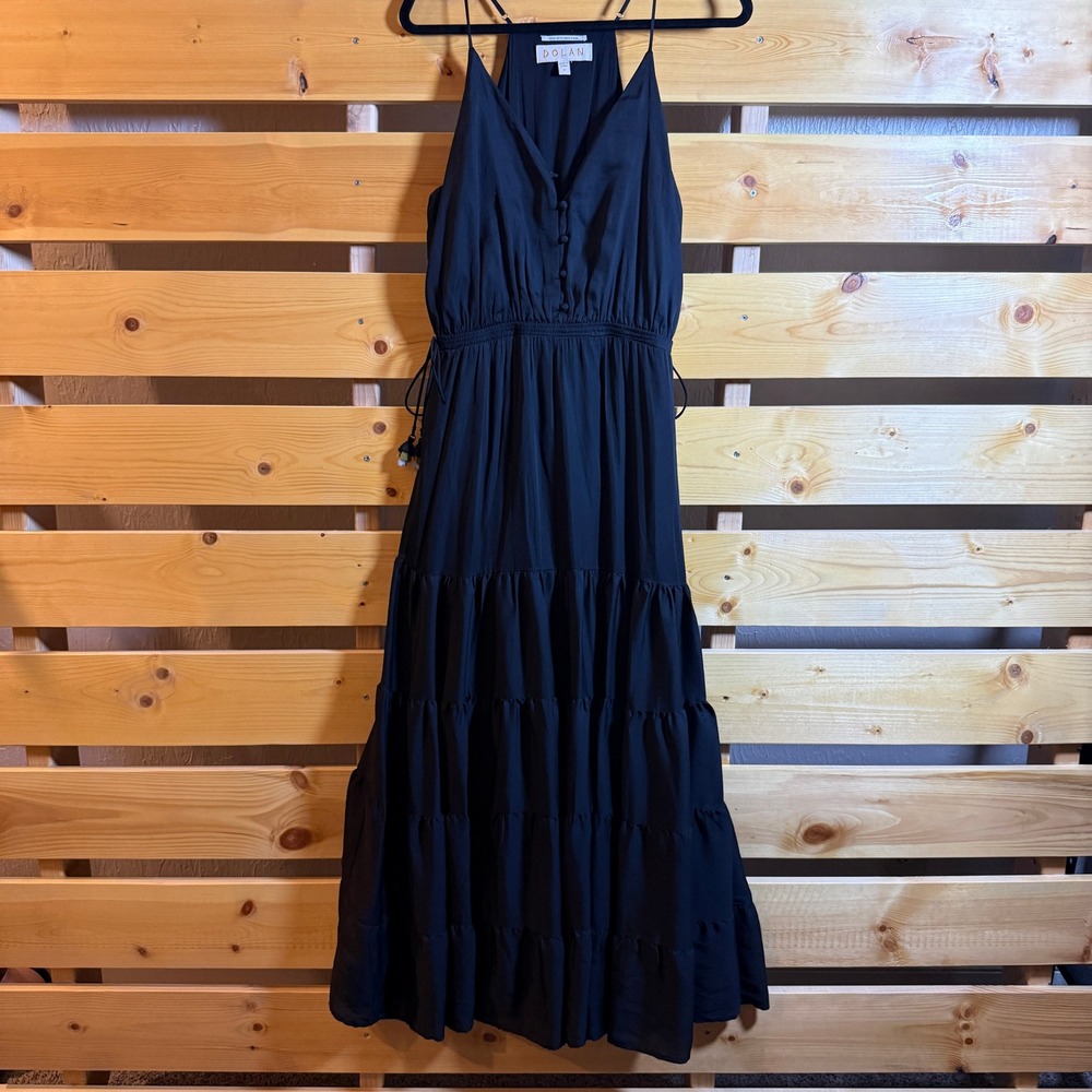 Dolan Maxi Dress Womens Medium Black Tiered V-Neck Tassel Smocked Boho Chic